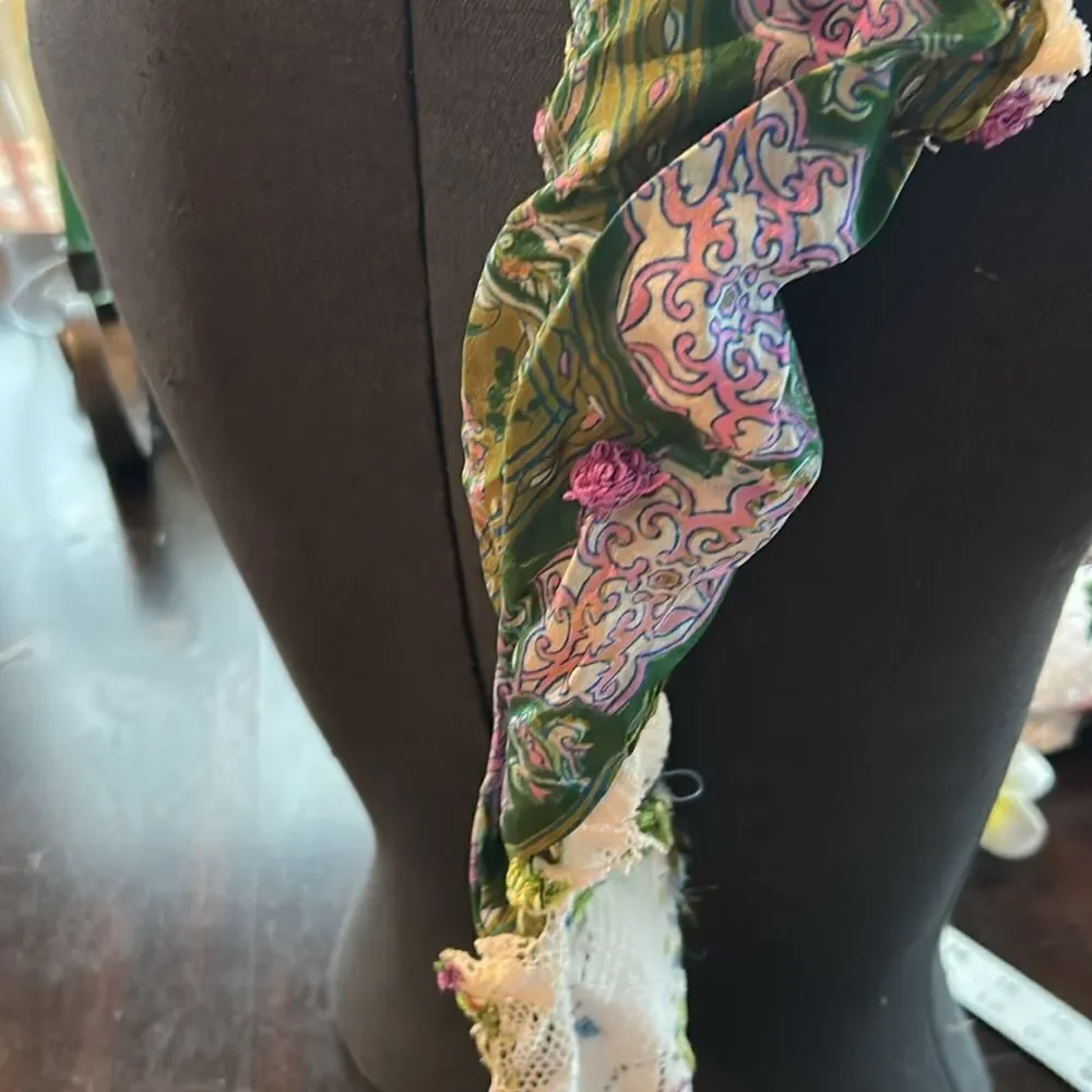 Hand Crafted head scarf hat band antique silk lace embroidered Multi floral